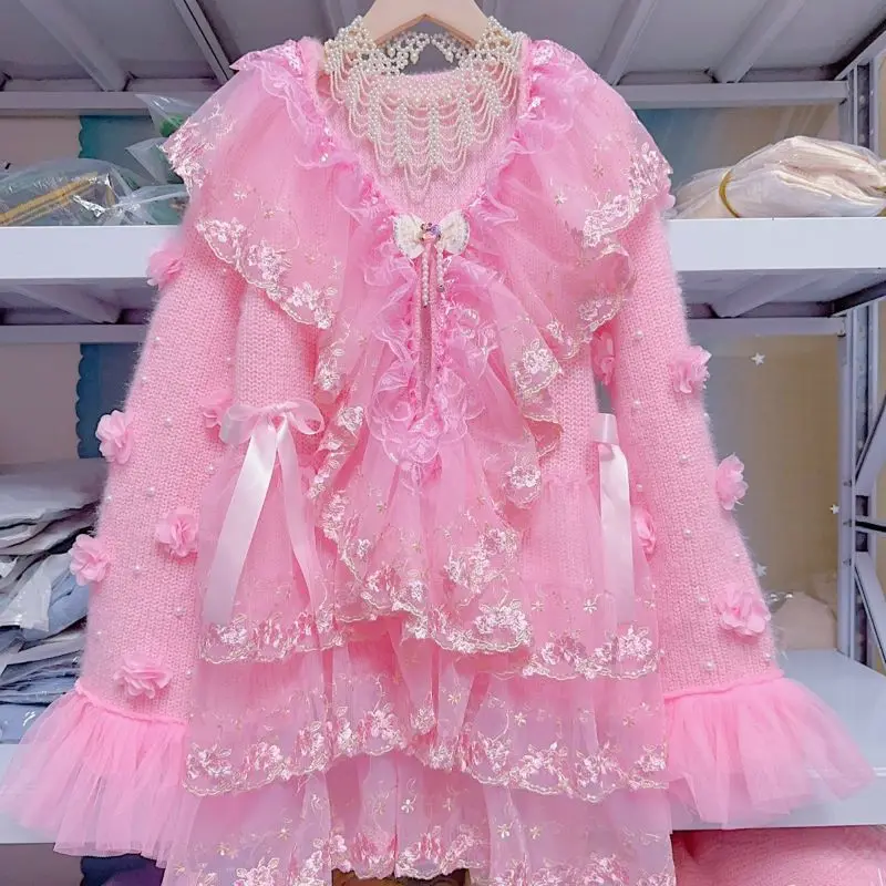 Women Sweet 3D Floral Knitted Coat Lace Layer Ruffles Bow Fluffy Soft Sweater Kawaii Lolita Girl Princess Style Top
