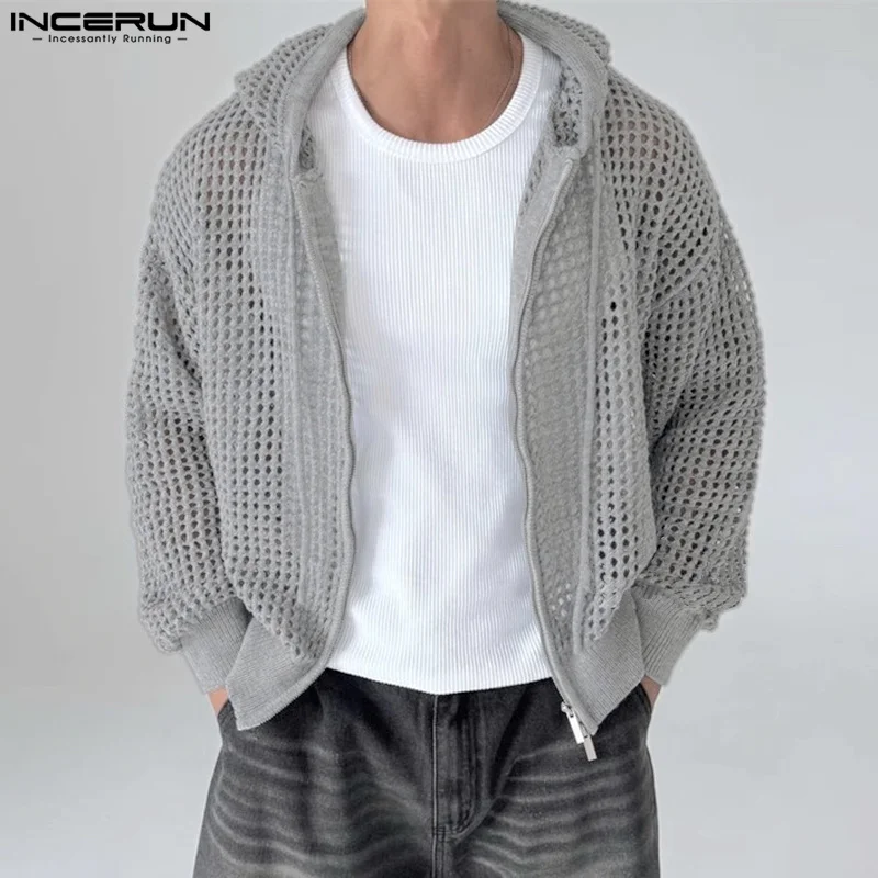 INCERUN Elegant Well Fitting Tops Casual Hollow Out Cargin Simple Korean Fashion Streetwear Male Long Sleeve  Zipper Coats 2024