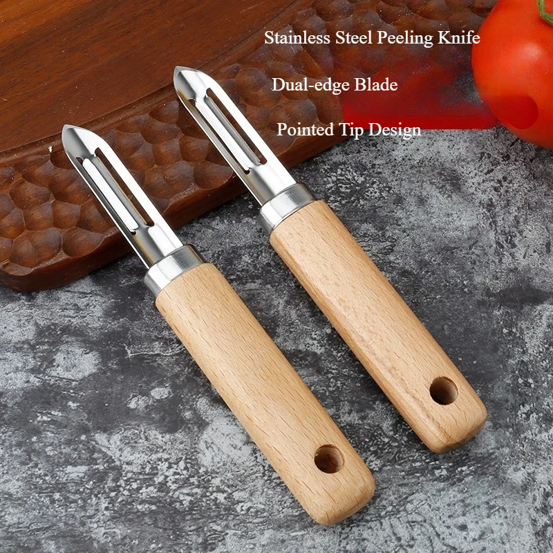 2-Piece Wooden Handle Stainless Steel Peeler,Straight & D-shaped Fruit Vegetable Melon Planer,Wooden Grip Peeling  Kitchen Tool