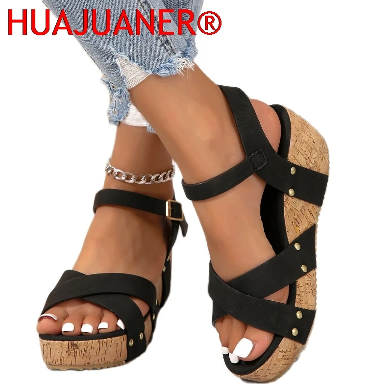 

Platform Wedge Sandals Fashion Roman Buckle Peep Toe Heels Women's Shoes 2026 Summer Trend Black Leisure Lightweight Rubber Sole