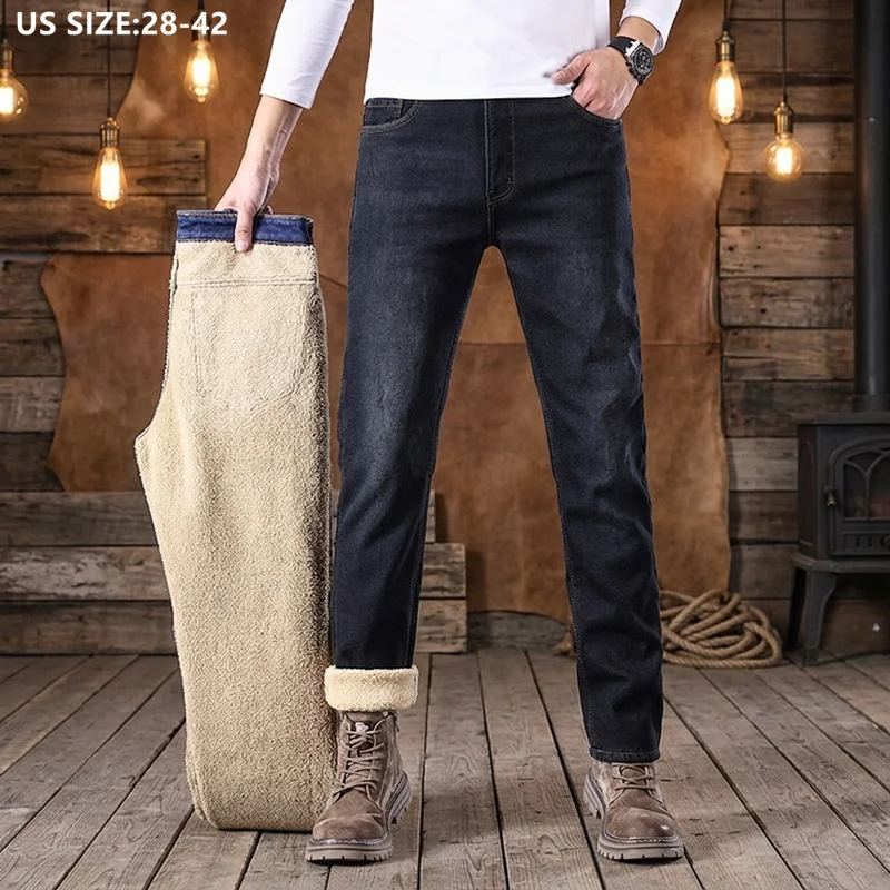 Men's Winter Fleece Lined Jeans Thicken Warm plus Size 40 42 Loose Straight Velvet Trousers Coldproof Casual Denim Cowboy Pants