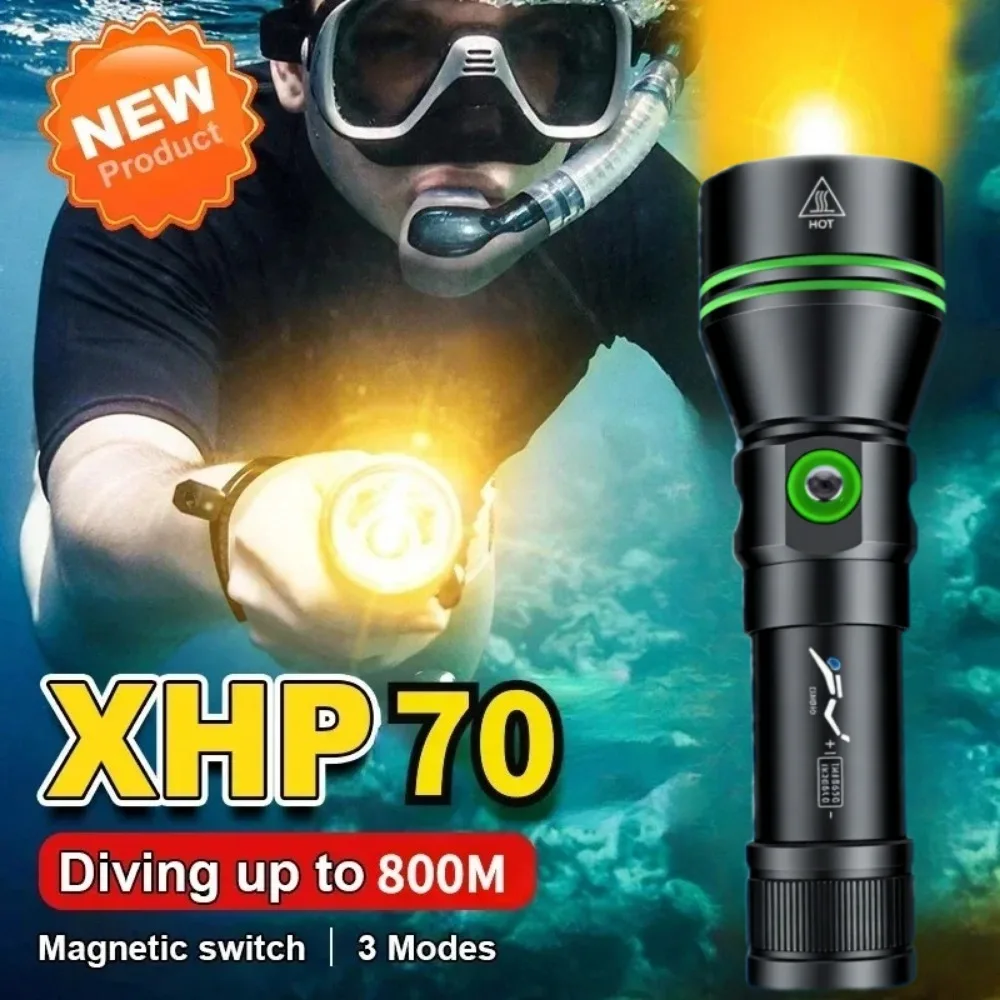 Professional Spearfishing Hunting Scuba XHP70 LED Diving Flashlight 26650 Torch Underwater Hand Lamp with Hand Rope