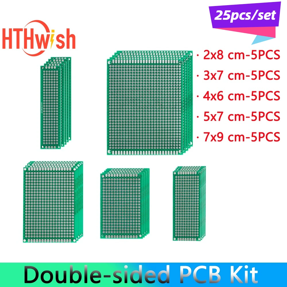 

25pcs 2x8cm 3x7cm 4x6cm 5x7cm 7x9cm Double-sided PCB Kit 5 Sizes Green Excellent Stability Performance Circuit Boards for DIY