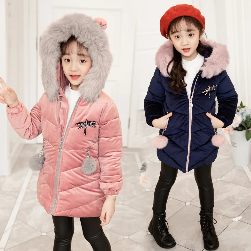 4 5 6 8 10 12 Years Girls Jacket Winter Long Solid Color Velvet Fabric Thick Keep Warm Hooded Coat For Teen Girls Cotton Outwear