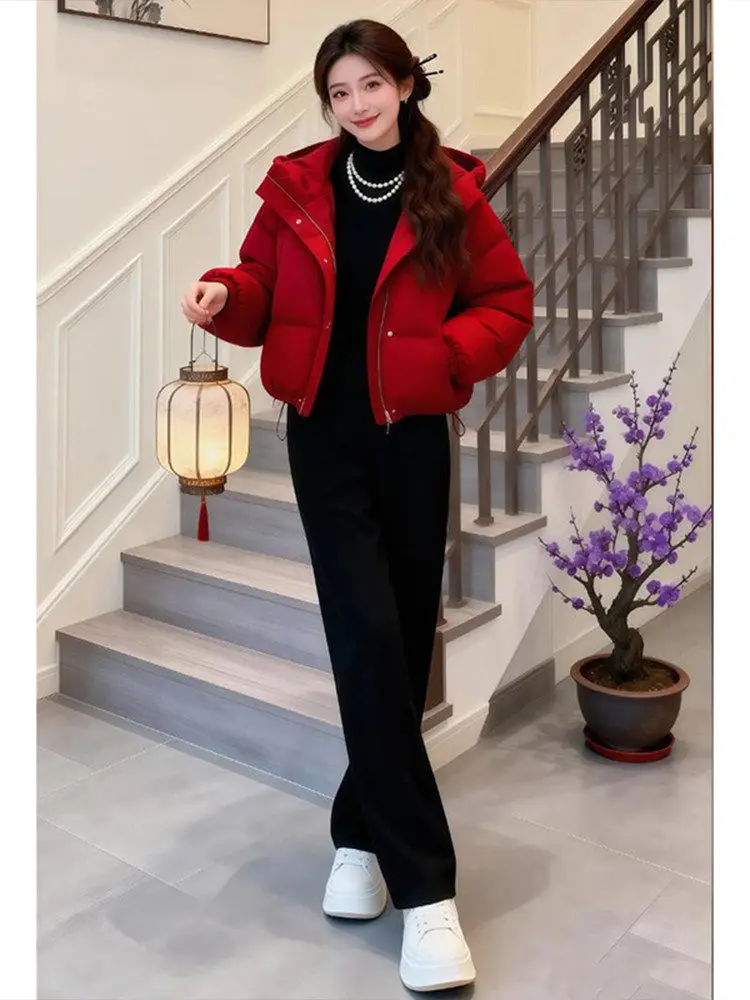 

Thiened Bread Sle Cotton Jaet Women's ort Outerwear Warmth New Year Red Faion Korean Loose Fit Long Sve Zipper