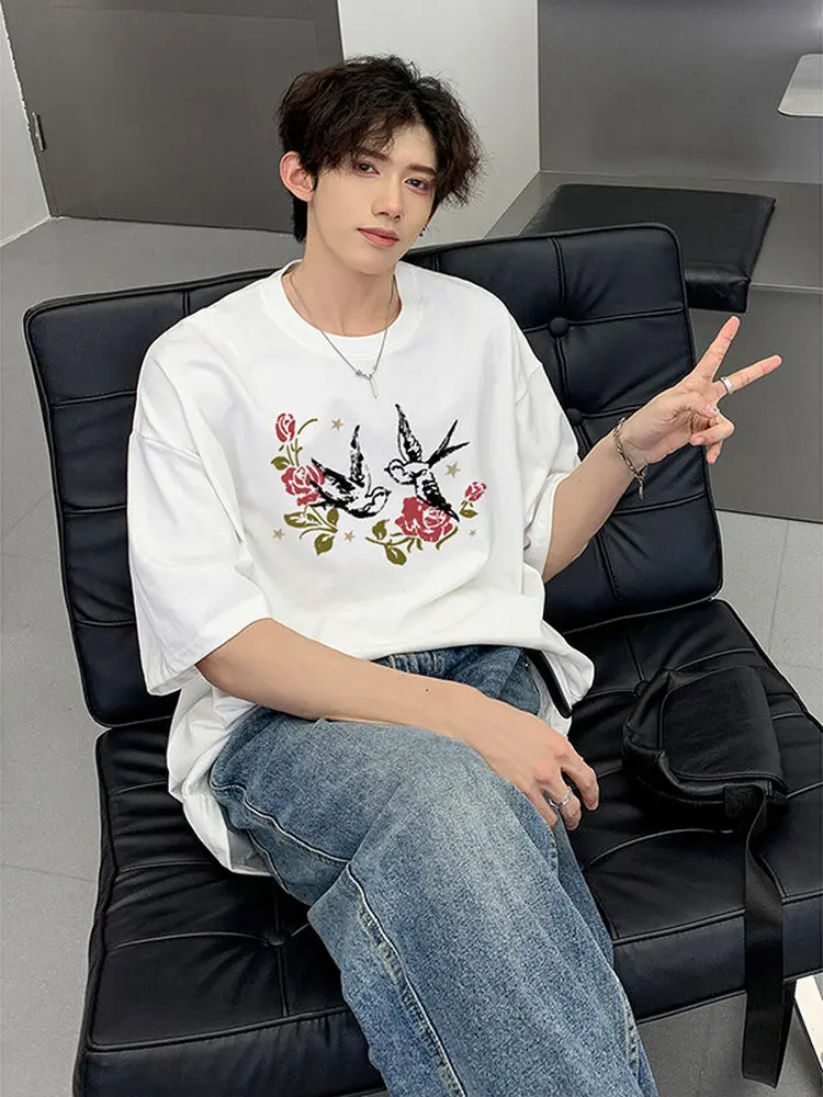 

American Retro Floral Print ort Sve Men's T-irt Casual Loose Fit Summer High Street Artistic Top Breathable Cotton