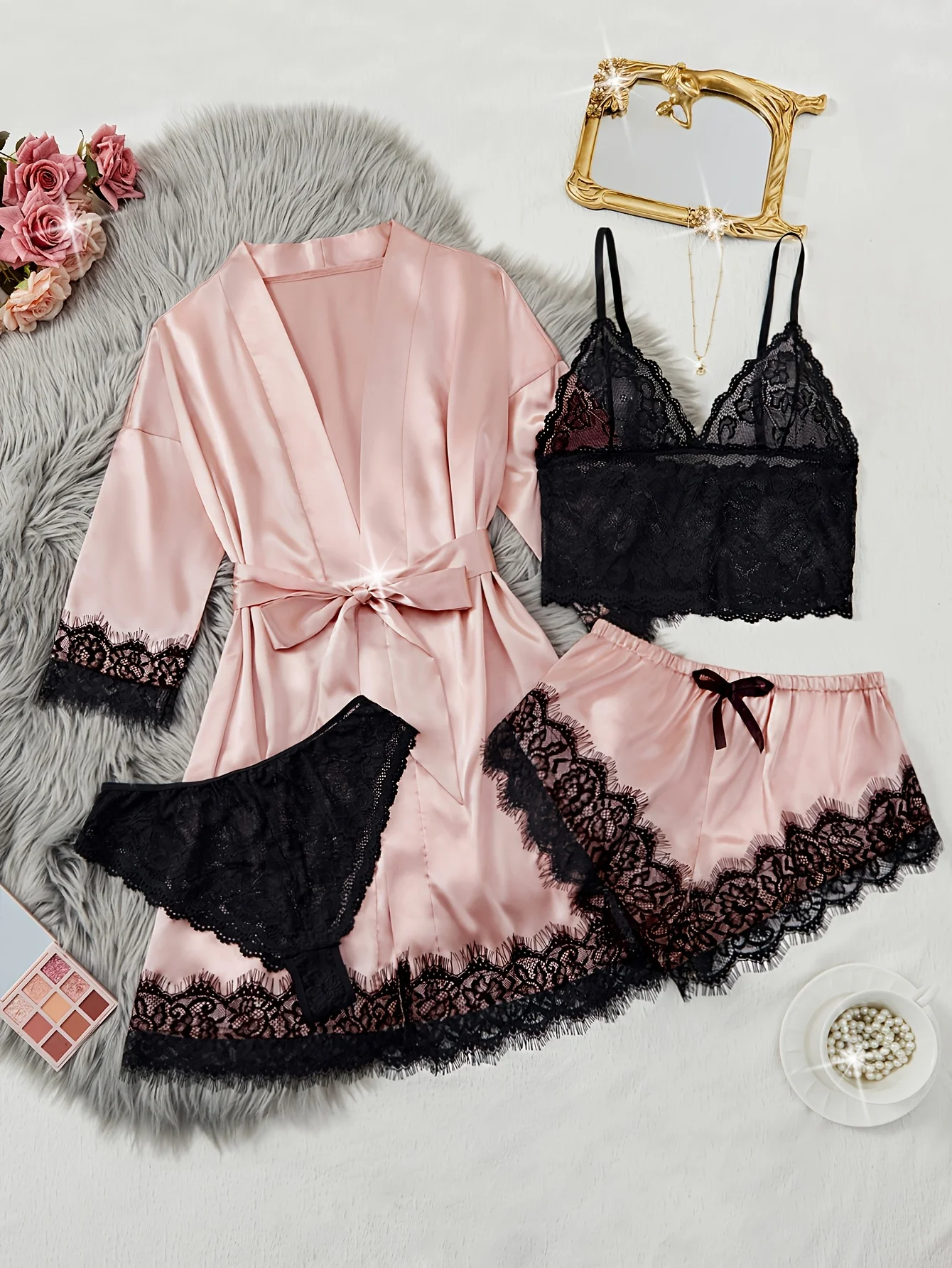 New Fashion Robe Lingerie Set Black Lace Bralette Thong Shorts Women\'s Luxury Sleepwear Nightwear Elegant Sexy Gift Bridal