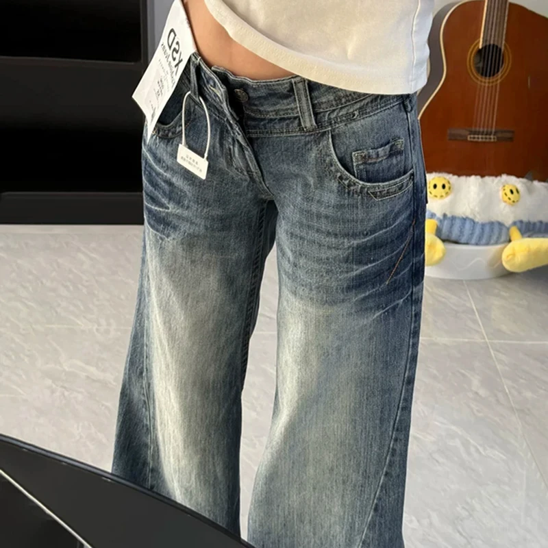 Retro Low Waist Wide Leg Denim Jeans Women's Loose American Style Micro Flared Pants Cotton Stretch Denim Fall New Arrivals