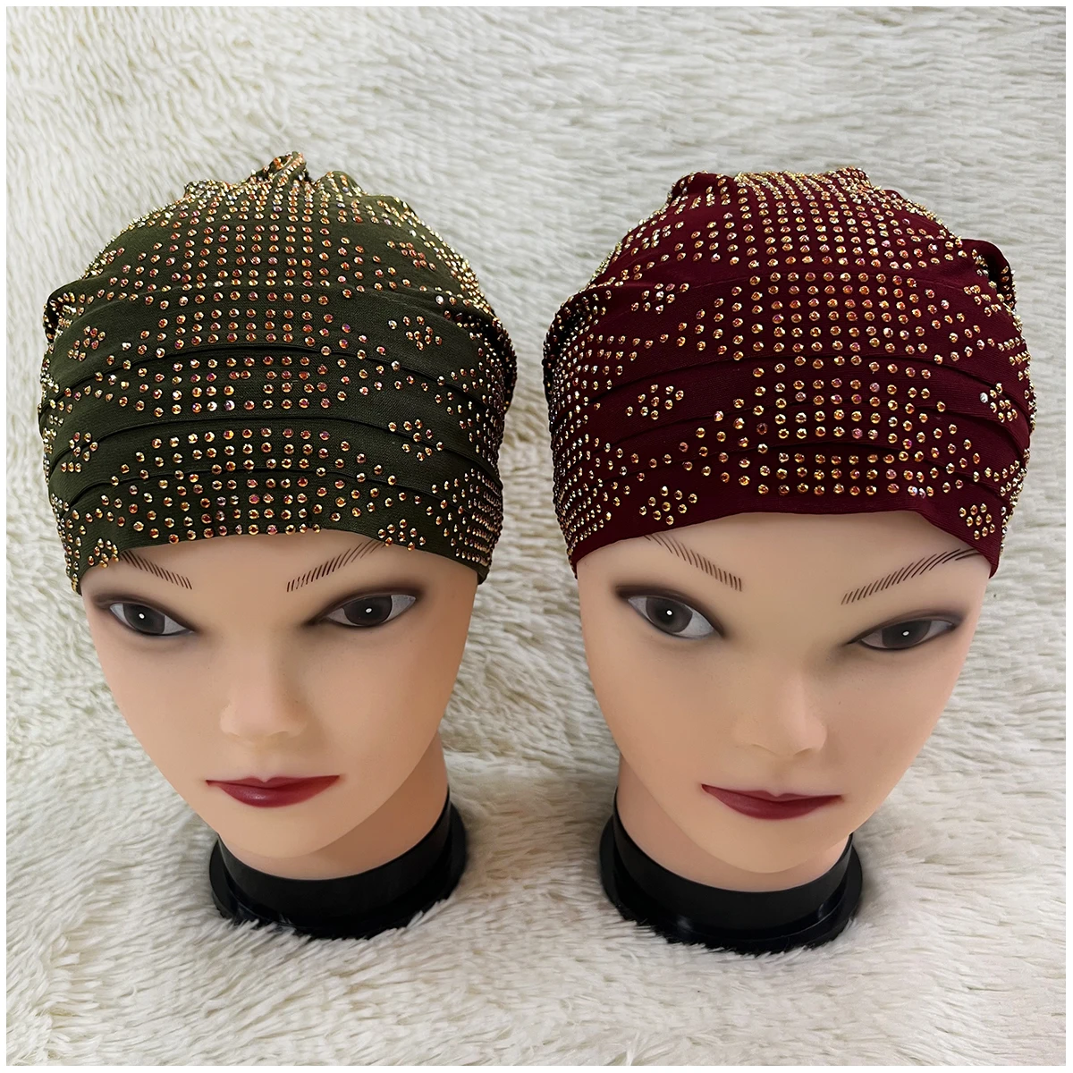Wholesale Order 6/12 Pieces Fashion Muslim Female Turban Hat Velvet Hot Rhinestone Solid Indian Beanie Hair Bonnet Cap For Women