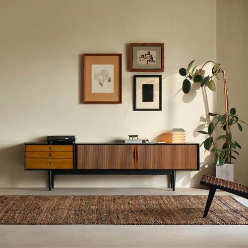 목재 중앙 TV 캐비닛, 큰 다크 브라운 디자인, 거실 TV 스탠드, 모던 미니멀리스트 호두나무 가구, 가정용 서랍 