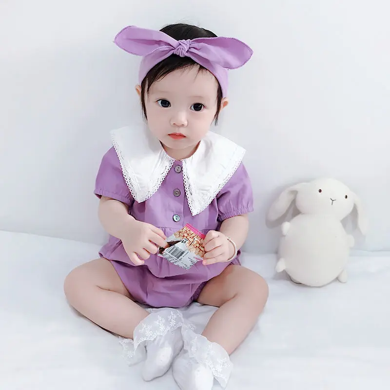 New Cute Bubble Sleeve Solid Color Rompers Shirt Collar Jersey with Hair Accessories Set for 0-1 Years Old Unisex Baby Clothes