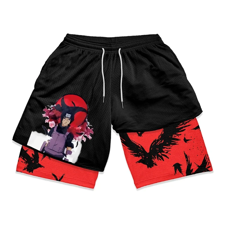 Herenshort 2 In 1 Dubbellaagse Shorts Anime Sportieve Fitness Hardloopshorts Print Casual Ademende Korte Broek Met Trekkoord