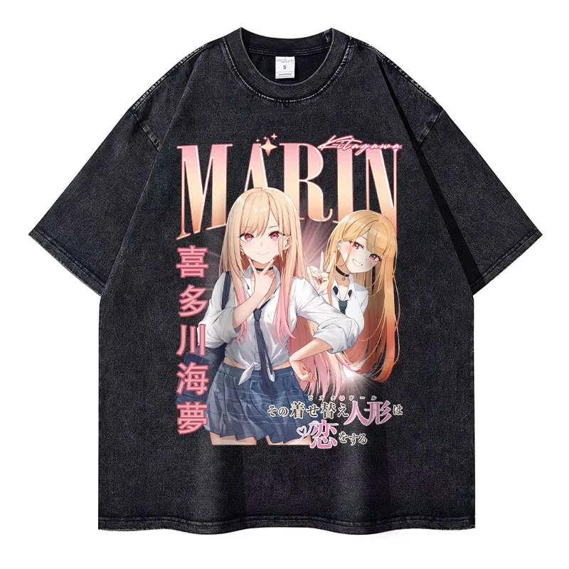 Harajuku Style Top, Unisex Washed T-Shirt With Cute Kitagawa Marin Print From Anime My Dress-Up Darling Women And Men T-shirt