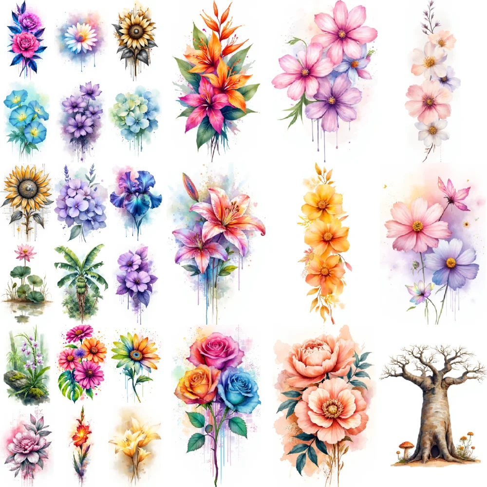 9pcs Temporary Tattoo Hydrangeas Waterproof Long-lasting Body Stickers Pink Roses Lotus Flowers Temporary Tattoo Stickers For