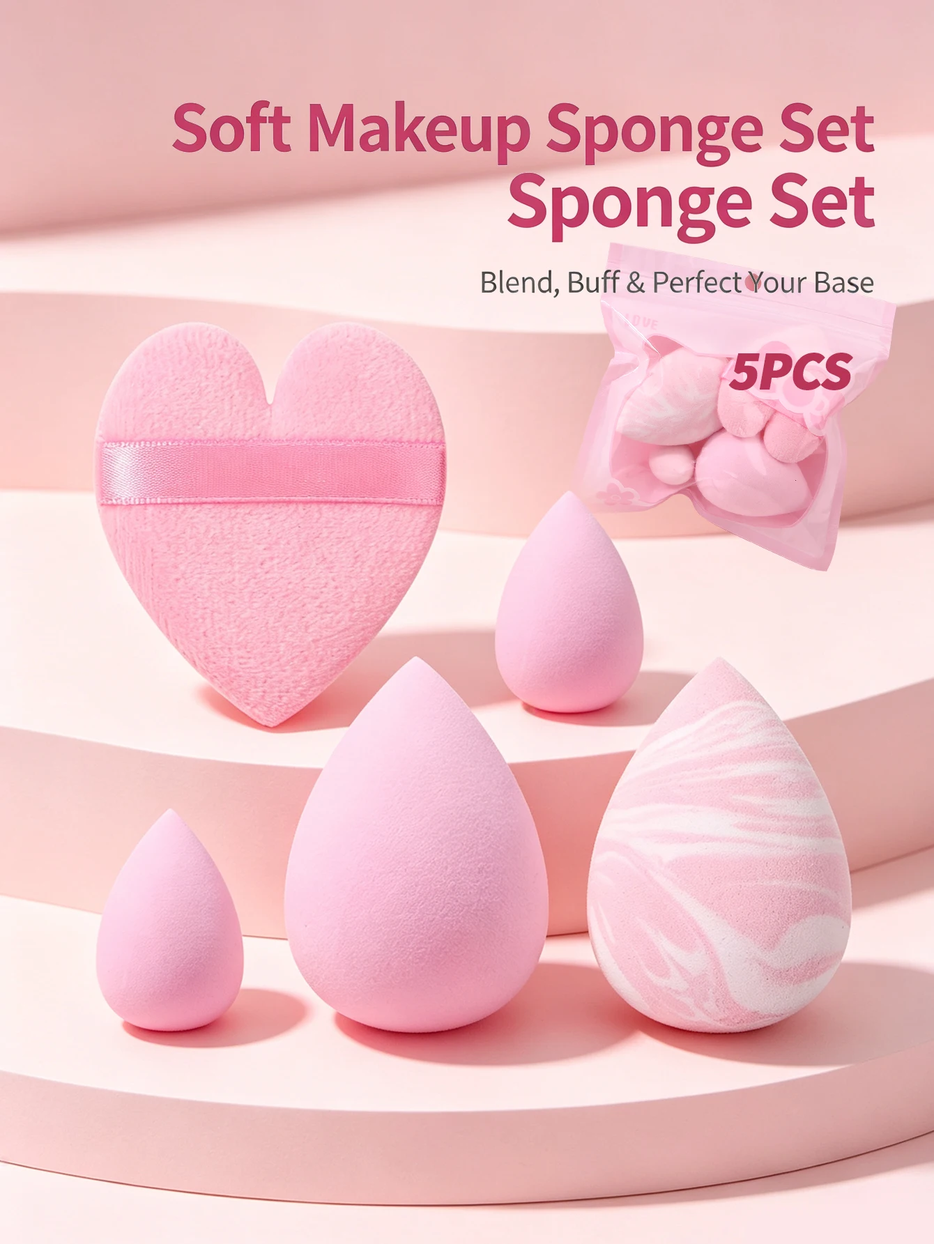 5Pcs Multi‑Shape Makeup Sponge Set with Heart Makeup Puff, Soft Foundation Sponge Kit for Liquid Cream Powder Cosmetic Applicati