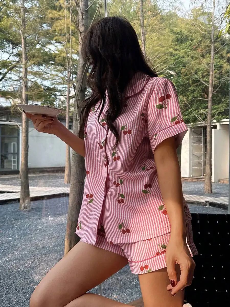 

Pink Striped Cherry Print Lapel Short Sleeve Pajama Set For Women