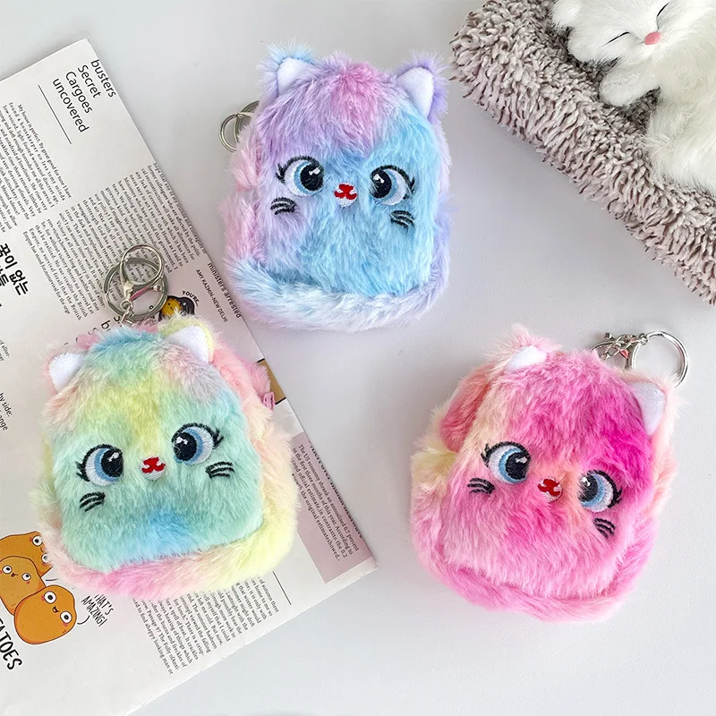 Cute Colorful Plush Coin Purse Mini Cat Wallet Earphone Lipstick Key Organizer Bag Backpack Pendant Gift for Kids