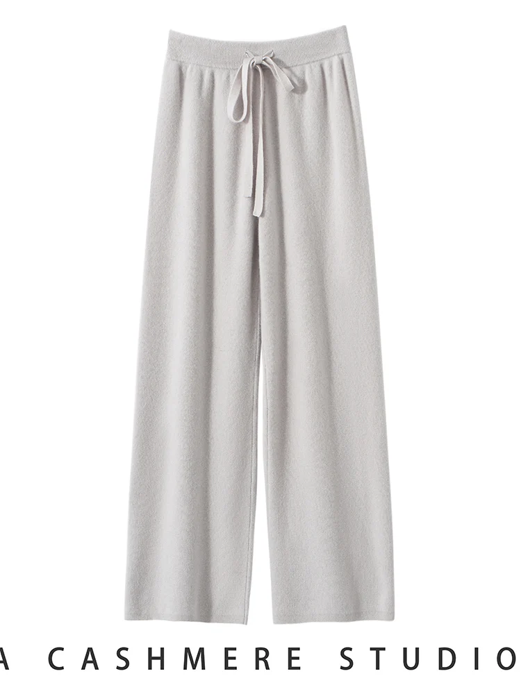 

Chic 100% Cashmere Knitted Pants Autumn Winter Light Luxury Wide Leg Pants Women's Casual Loose New Warm Cashmere Trousers