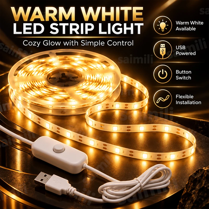USB 2835 LED Strip Light Button Switch Portable Power Bank Supported Flexible Cuttable Self-Adhesive For Indoor Lighting Decor