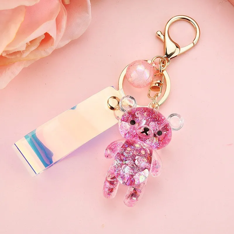 keychain sand Bear Keychain for Women Pendant Transparent Quicksand Heart Sequins Keyring PU String Lover Car Keychain Girl Gift