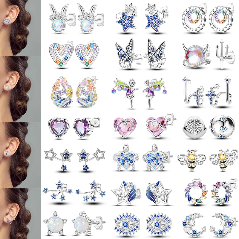 

925 Silver Heart Pink Tulip Flower Stud Earrings Blue Zircon Cute Lovely Stars Small Earrings for Women Wedding Silver Jewelry