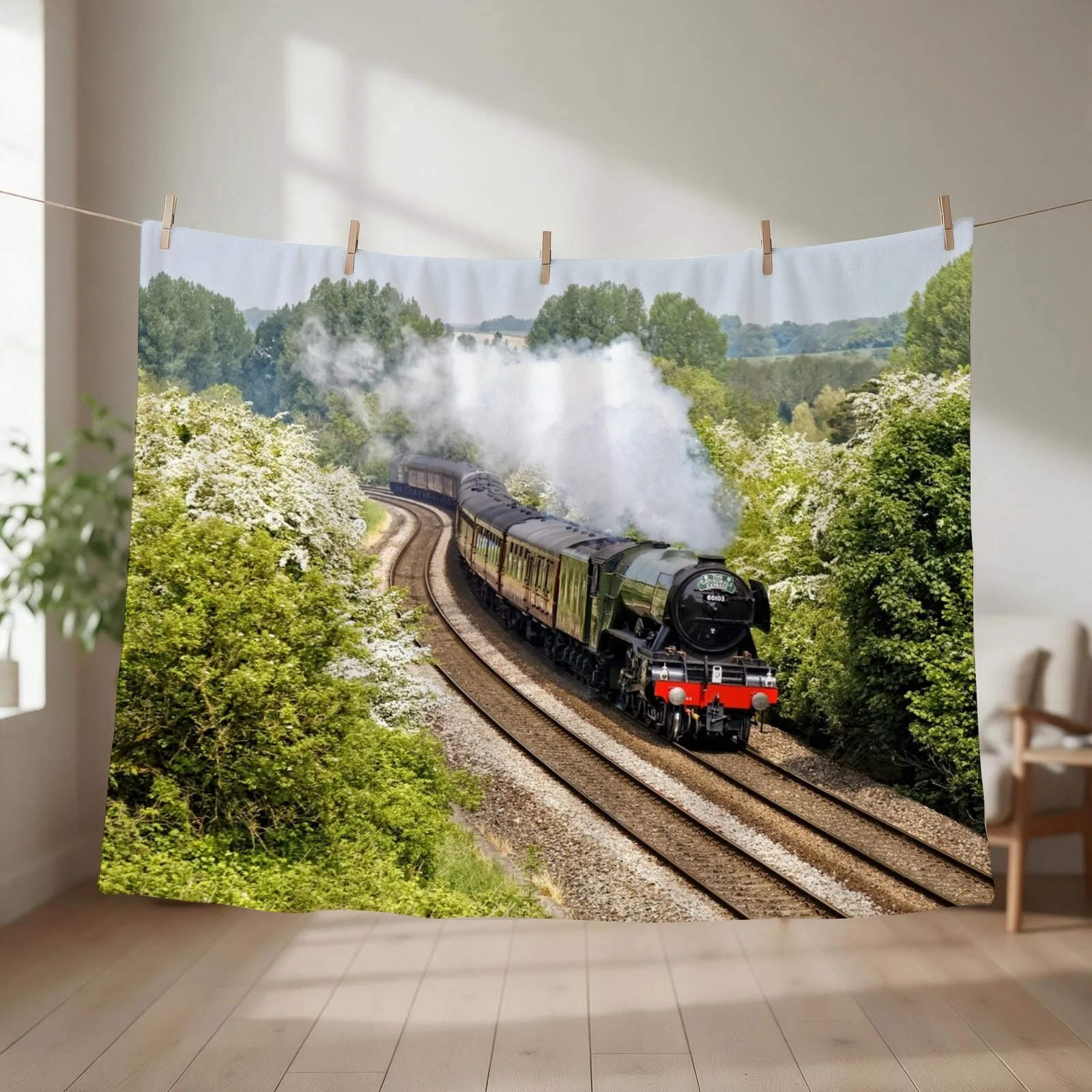 A3 Class 60103 Flying Scotsman Steam Locomotive Throw Blanket couch cozy soft plush fuzzy picnic outdoor blanket