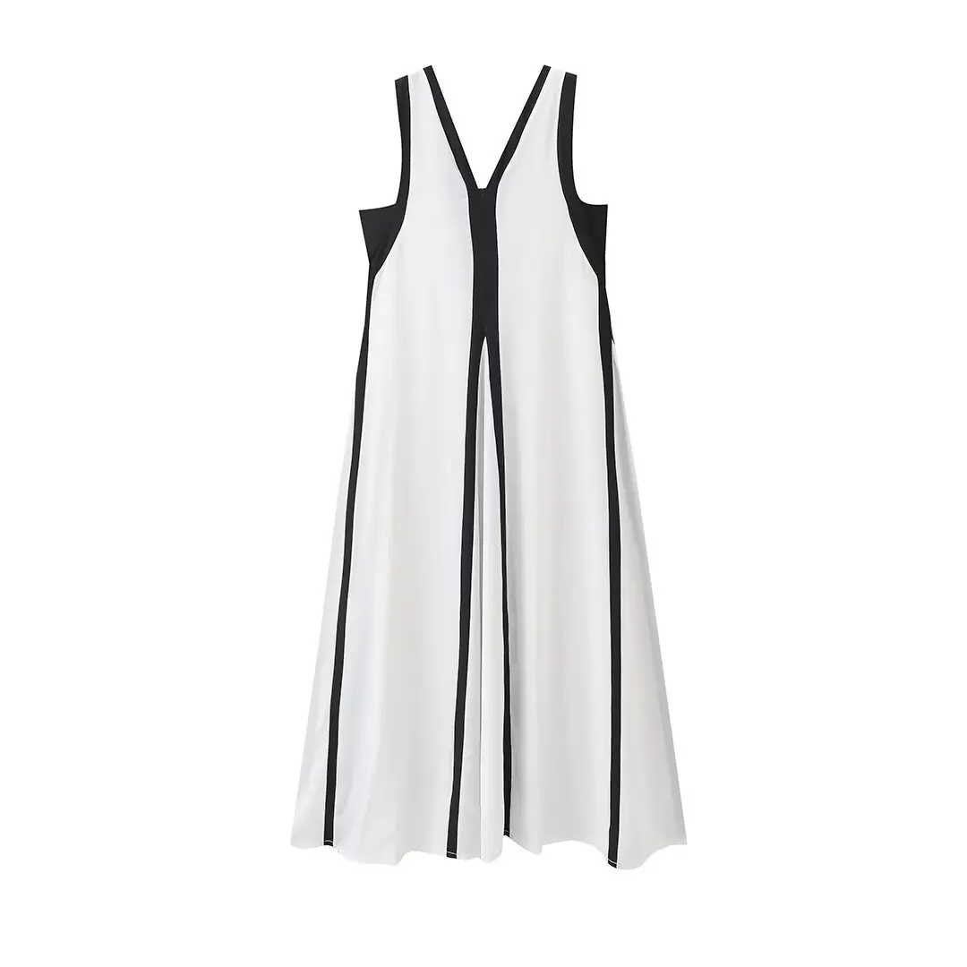 Moda Colorblock Hollow Out Maxi Dress Women Casual V-neck Sleeveless Loose Dresses 2024 Summer Elegant Office Ladies Robes