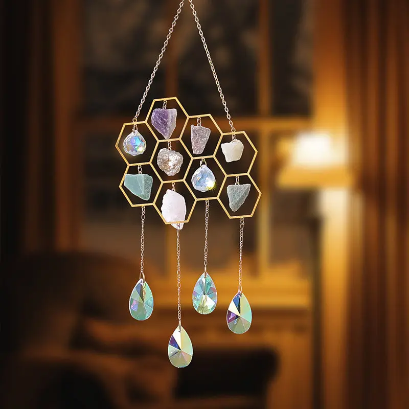 

Crystals Suncatcher Honeycomb Hang To Wall Ornaments Raw Fluorite Amethyst Gems Mineral Stone Sun Catcher Hanging Room Decor