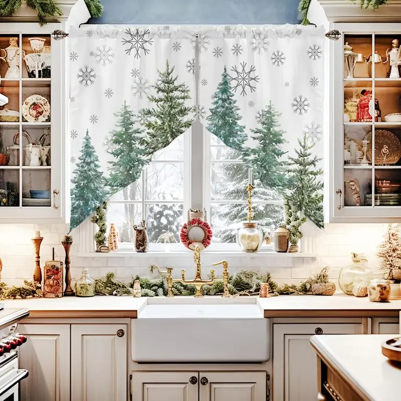 VIKAMA Christmas Swag Curtain Watercolor Green Pine Tree Snowflake Print Triangle Valance For Kitchen Window Living Room Decor