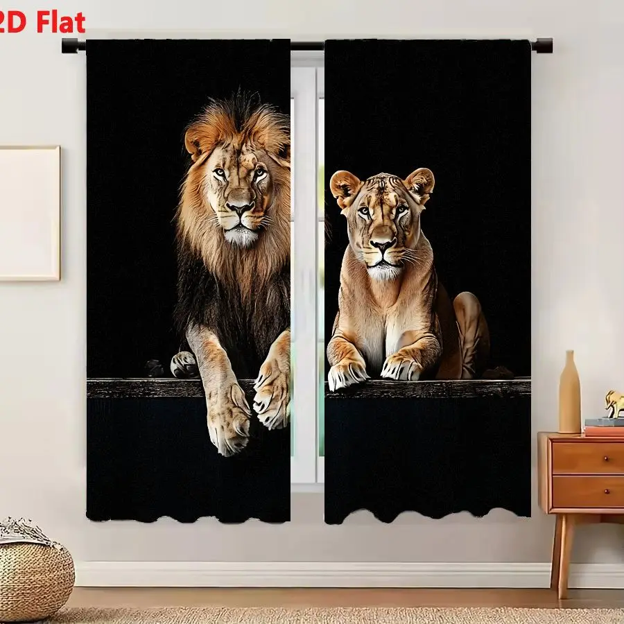 2Pcs Curtains 2D Flat Male Lion And Lioness On Dark Wooden Ledge Against Black Background Window Drapes for Bedroom Room Decor D