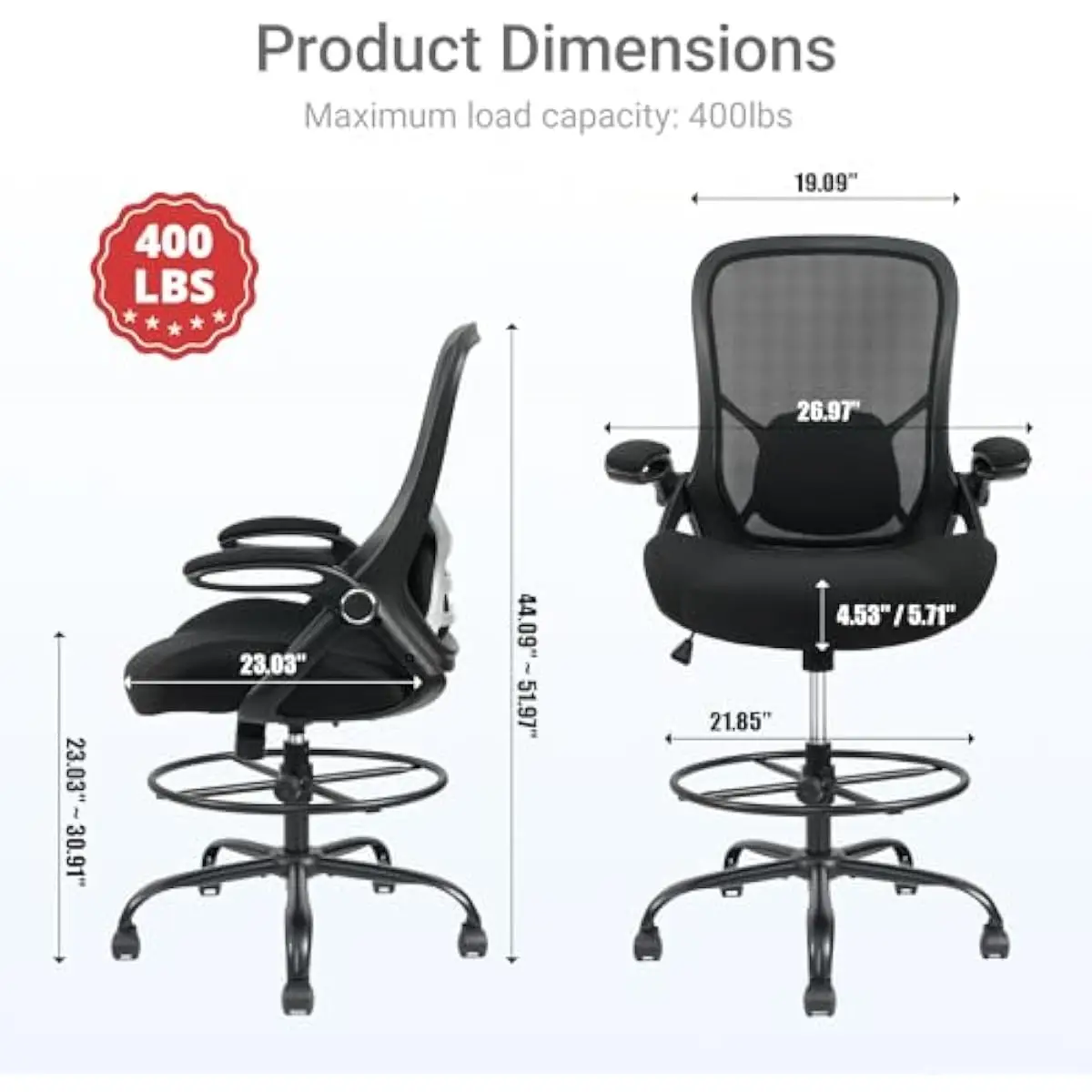 Heavy-duty drafting stool for tall users • 41–49 inch height adjustment • breathable mesh back • 5-inch thick contoured seat • f