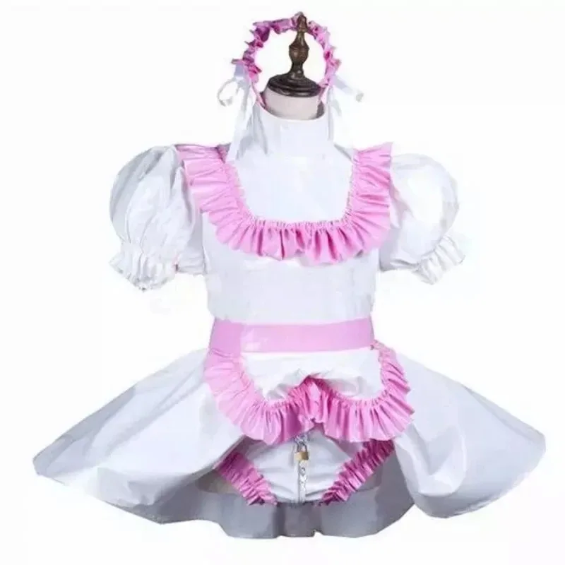 Sissy Girl weißes abschließbares PVC-Kleid, französische Dienstmädchen-Cosplay-Kostüme, maßgeschneidert