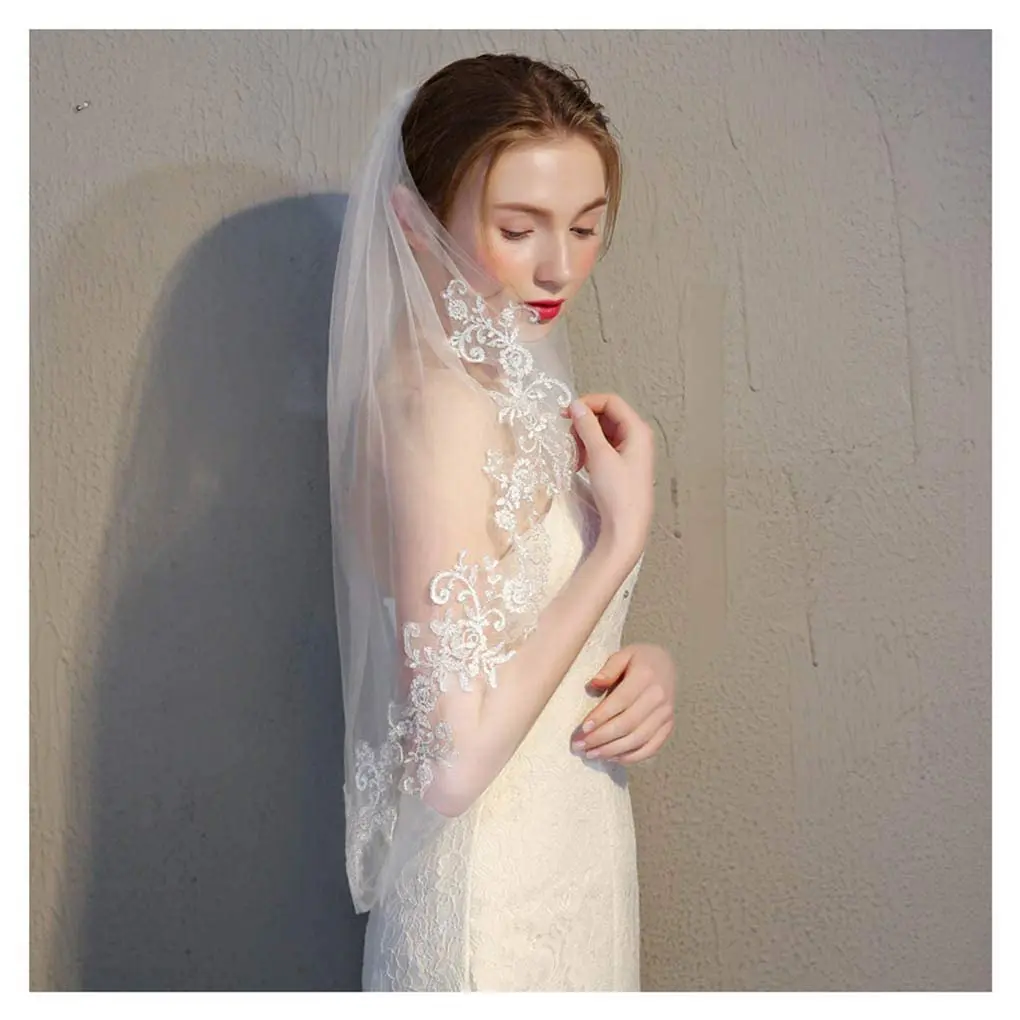 Flower Bride Wedding Veil Short Ivory Lace 2T Two-tier Shoulder Bridal Veils Soft Tulle Hair Accessories