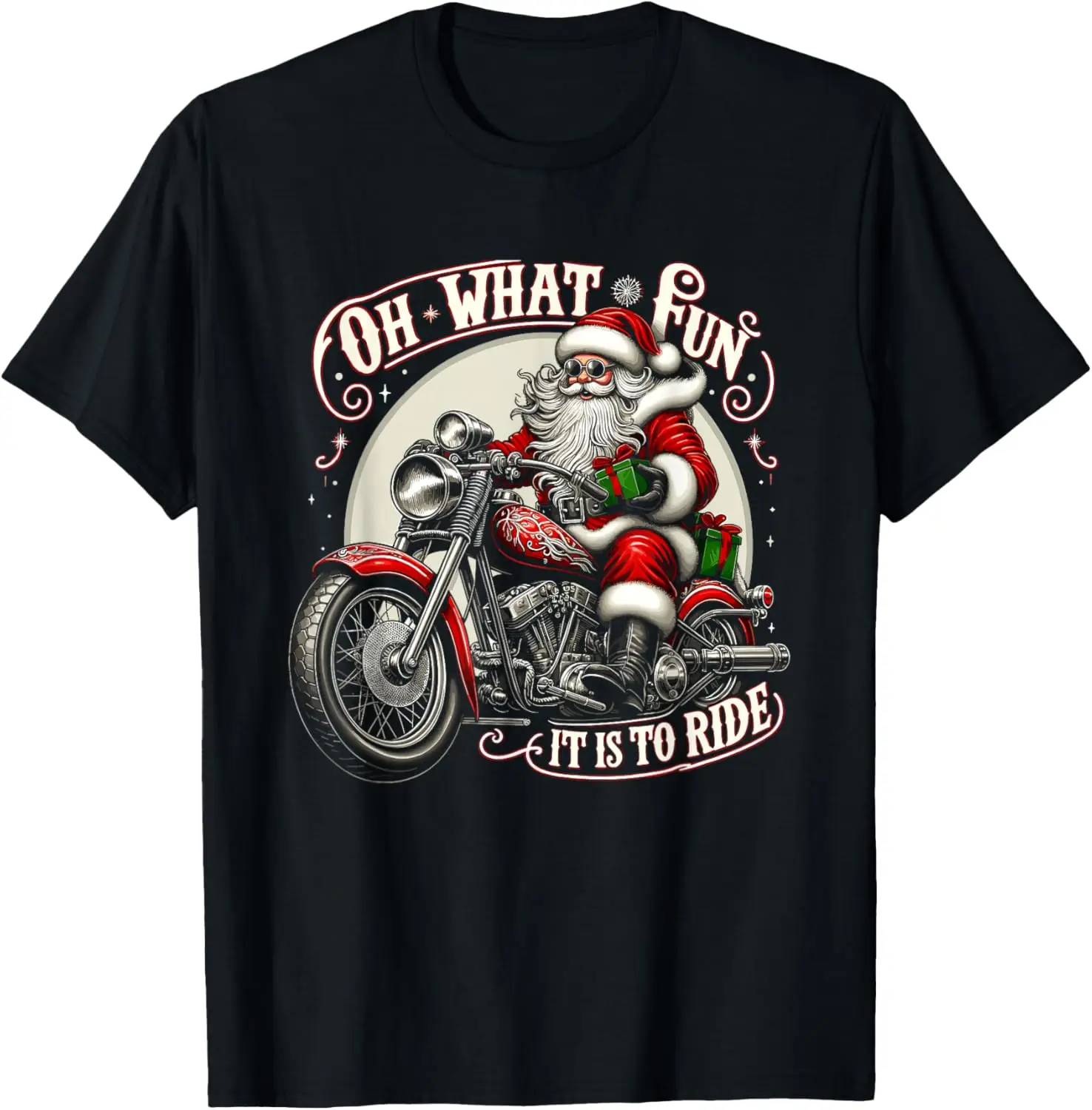 Oh What Fun It Is To Ride Motorcycle Biker Santa Xmas T-Shirt 100% Cotton Trendy Y2K Short-Sleeve Tee-Soft, Quick-Drying,