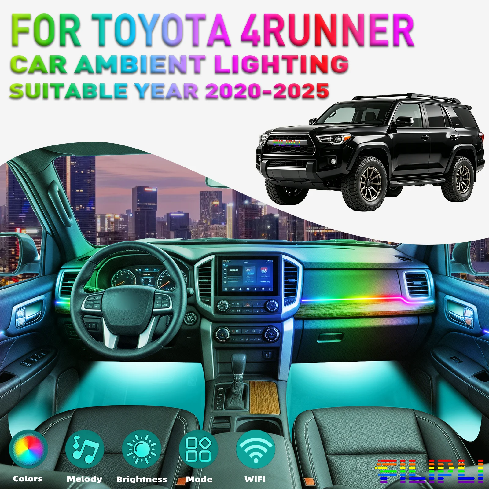 For TOYOTA 4Runner 2020–2025 DREAMCOLOR 6 Lights Kit 256 Colors Car Ambient Light Kit 6 in 1 Hidden Acrylic LED Strip Spiral Rotating Flow Neon Light Strip Helical Color Trail Effect SUV Interior Accent Lighting Aftermarket Tuning Refit Parts