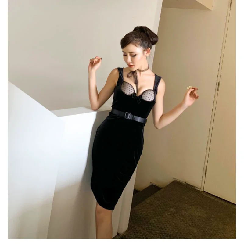 

French vintage Audrey Hepburn style sexy elegant polka dot bow silk velvet dress with straps for black party exquisite dress