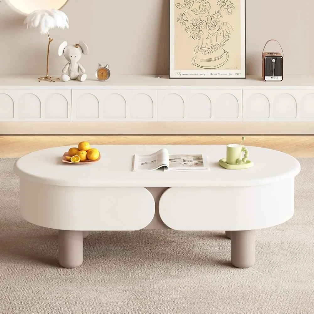 Creme Lift Top Coffee Table para sala de estar, espaço de armazenamento, mesa de café baixa sólida para quarto, mesa de chão creme