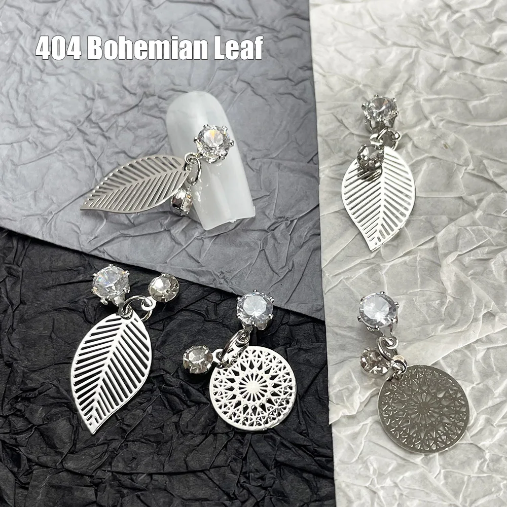 

-Bohemian Leaf- Aloof Vibe Bijou Charms Sumptuous Diamonds Pendants Glossy Silver Alloy Gleaming Gemstones Nail Ornaments 404art