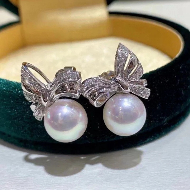 

SGARIT Trending 9-10mm S925 Sterling Silver Setting Bowknot Natural Freshwater Pink Pearl Earring Jewellery For Women Gift