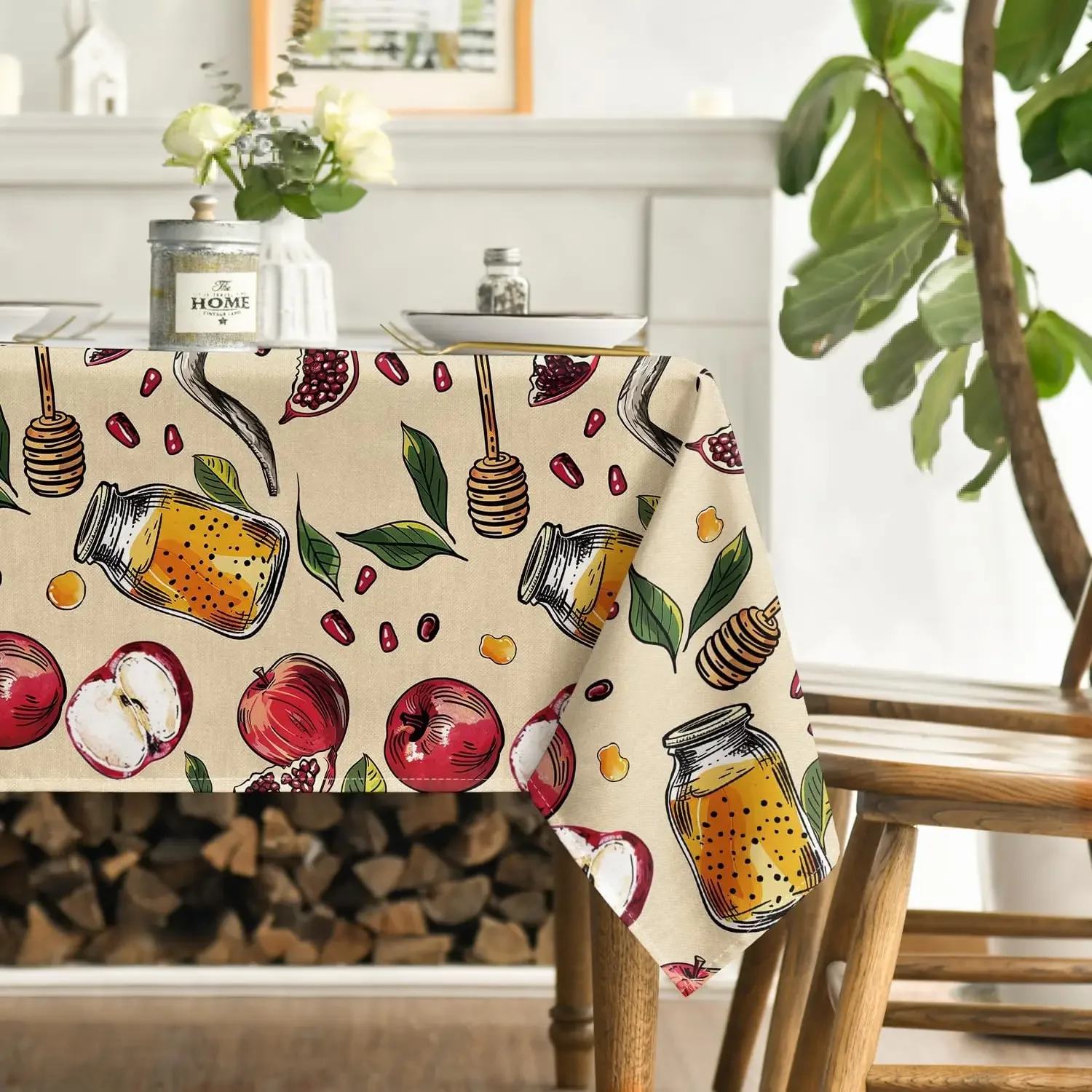 Jewish Shana Tova Waterproof Tablecloth Rosh Hashana Apple Pomegranate Honey Food Reusable Tablecover Jewish New Year Decoration
