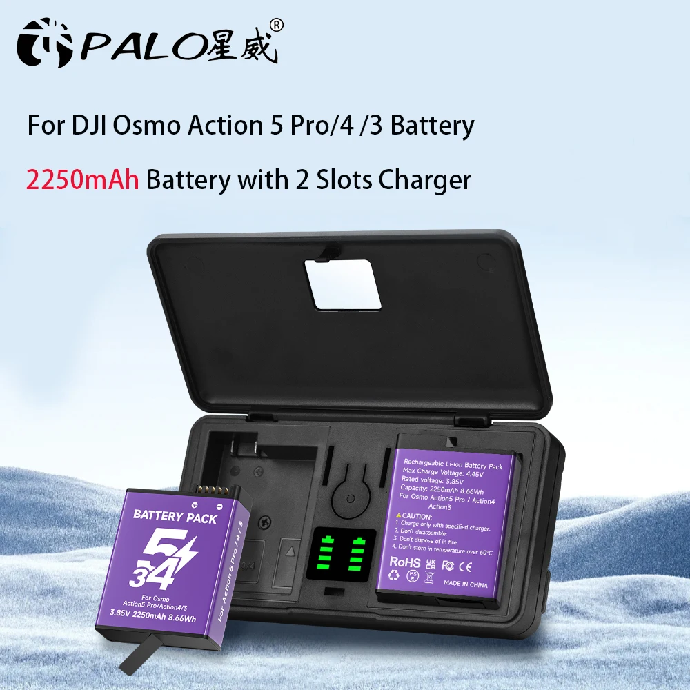 

Action 5 Pro 4 Battery for DJI Osmo 2250mAh Action 4 3 Battery with LCD Dual Slots Type-C Fast Charge Charger Camera Accessories