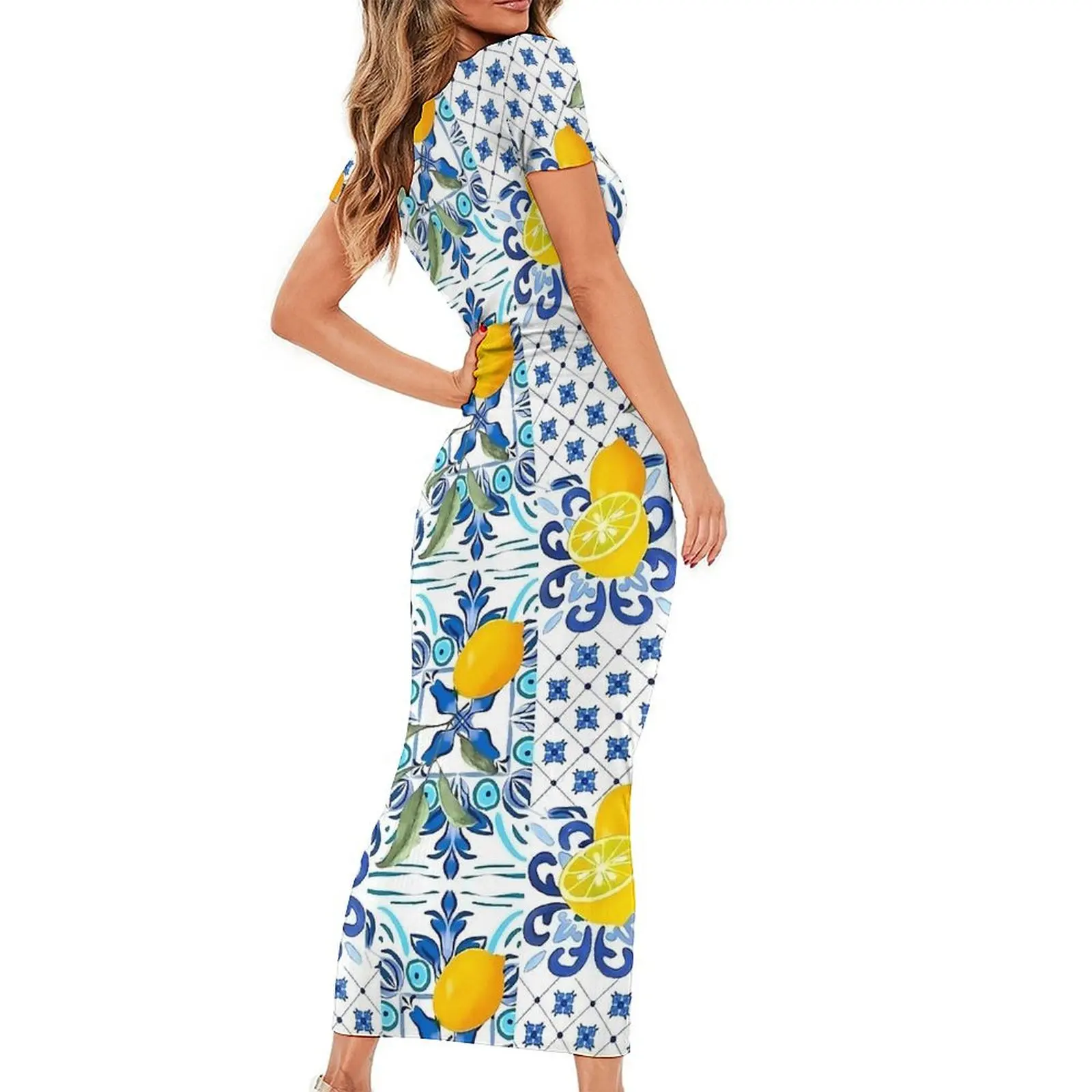 Mosaic Lemon Dress Short Sleeve Vintage Sicilian Tiles Aesthetic Maxi Dresses Vintage Bodycon Dress Women Oversized Clothes