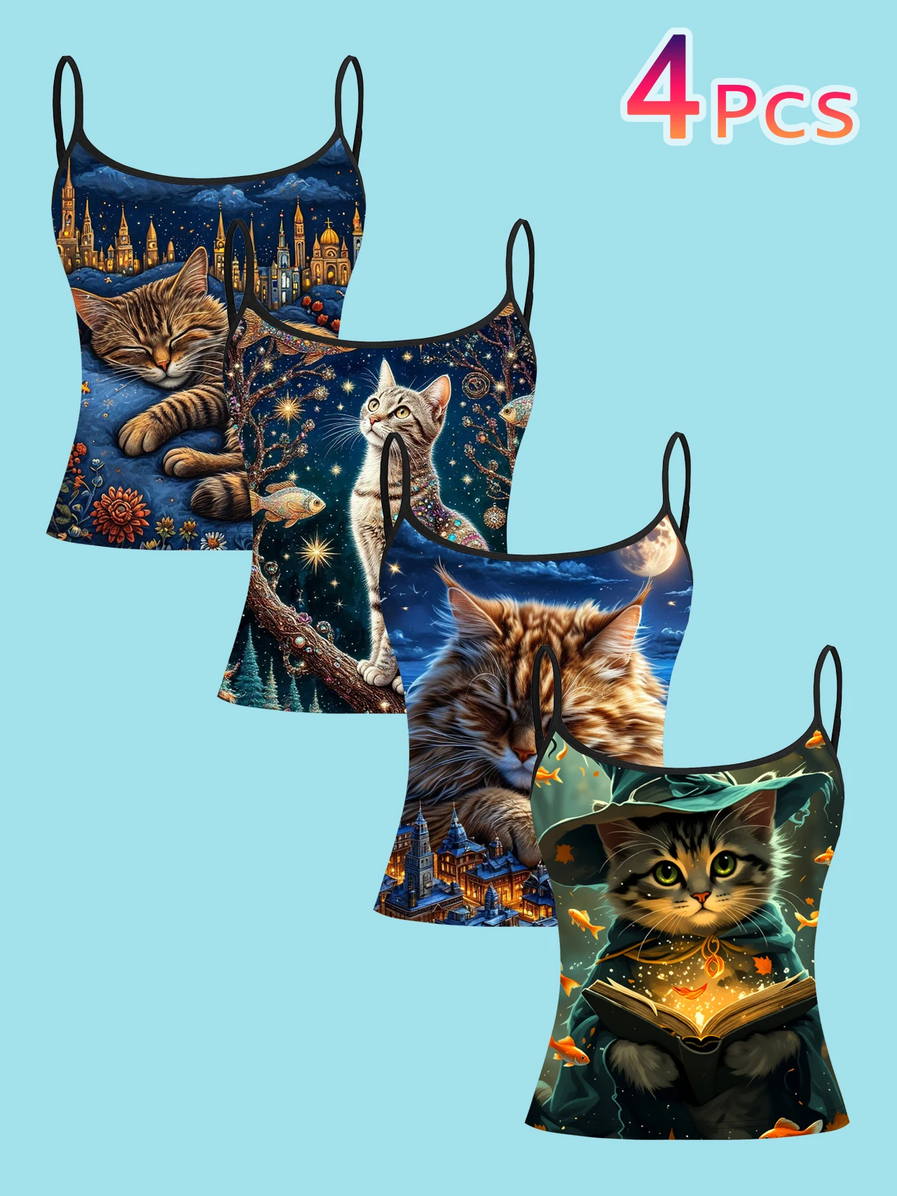 4-Piece Set of Magic Starry Sky Cat Castle Print Camisole Tops for Women, Dreamy Dark Night Fairy Tale Style Slim-Fit Spaghetti Strap Tops
