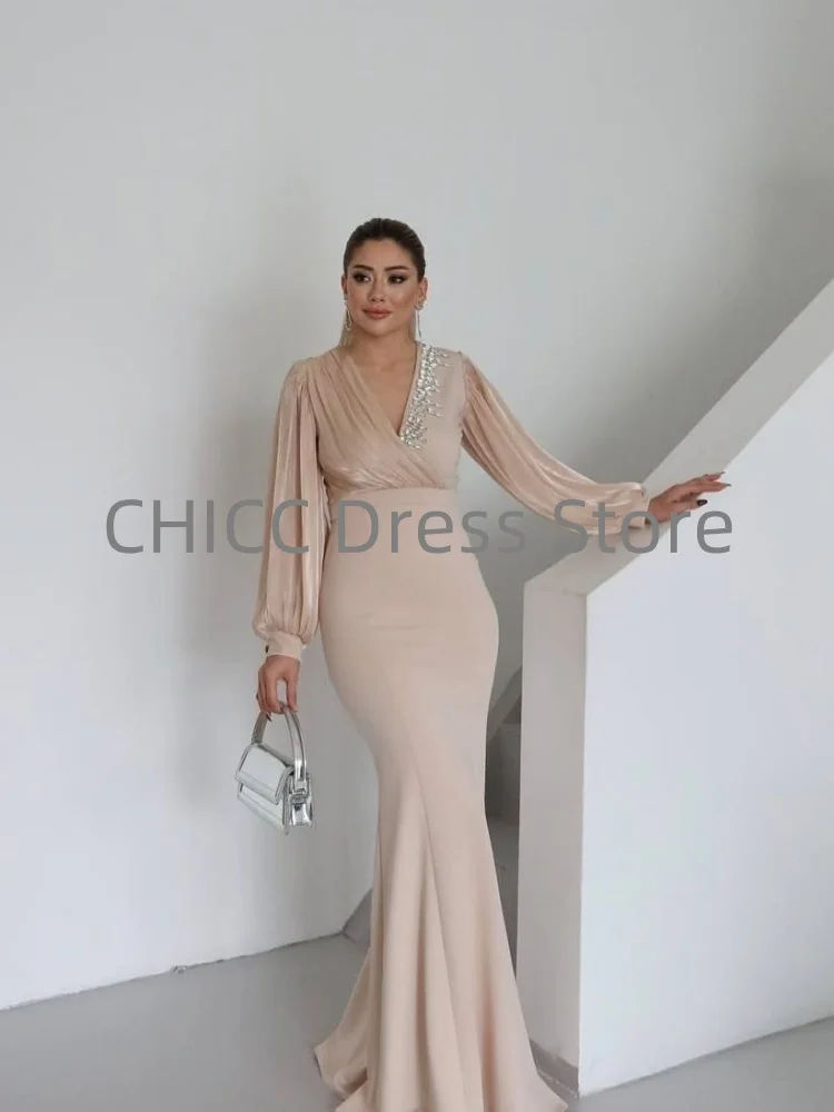 우아한 이브닝 드레스 브이넥 긴 소매 머메이드 비딩 갈라 프로미 파티 드레스 커비 맞춤형 이브닝 드레스