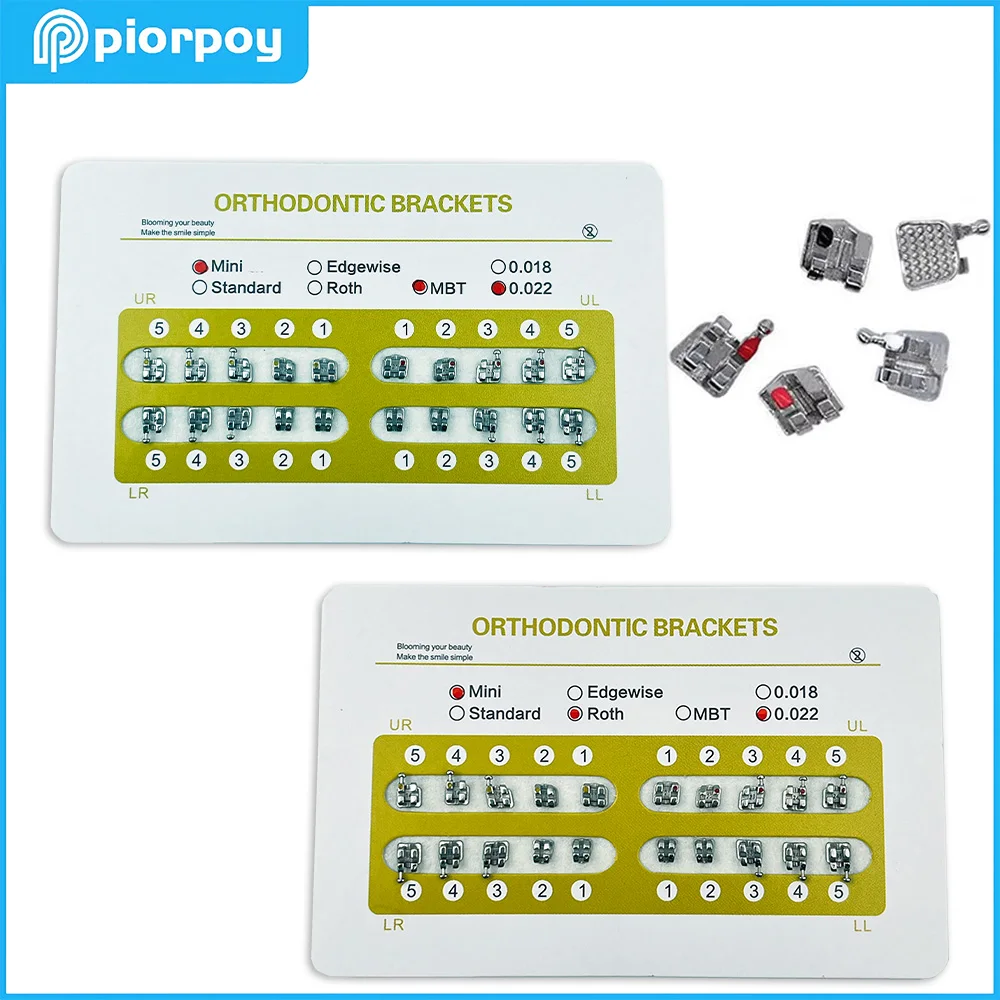 PIORPOY Paquete de 20 Brackets Dentales Mini MBT/Estándar Roth, Ranura 0.022, Gancho 345, Monoblock, Brackets de Ortodoncia