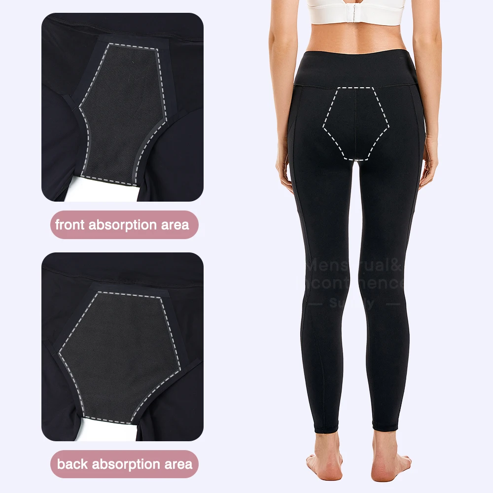 Women Period Yoga Pants with Pockets High Waist Leakproof Elastic Soft Menstrual Leggings for Workout Running Yoga