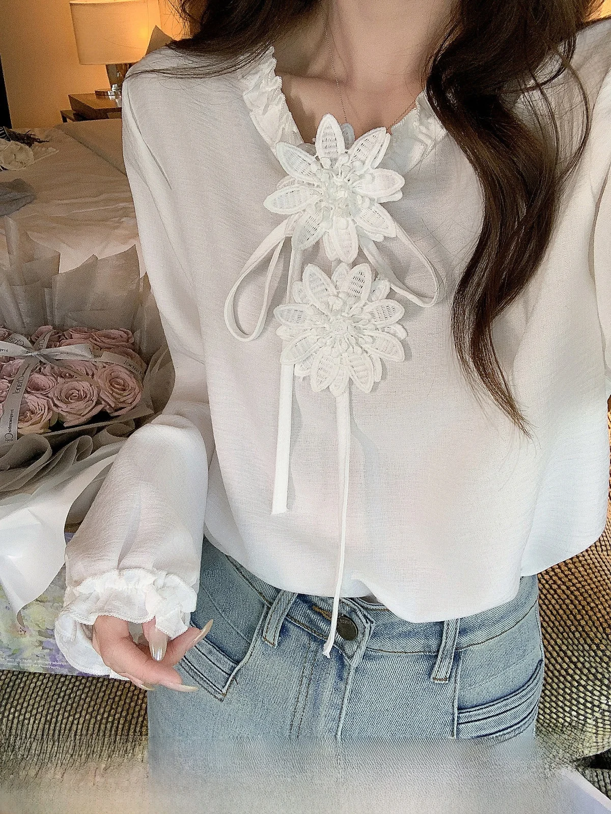 

French Sle Long Sve Ruffle Collar Tie Drapey Chiffon Blouse Women's Inner Wear Spring New Arrival Slim Fit Petal Ne
