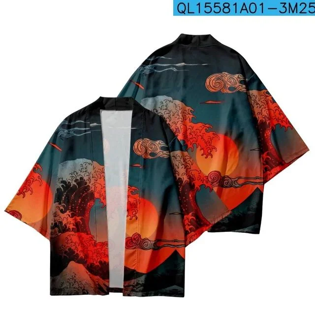 Men's Japanese‑Style Haori Kimono Open‑Front Cardigan, Red Great Wave & Blue Koi Lotus Print Casual Outerwear