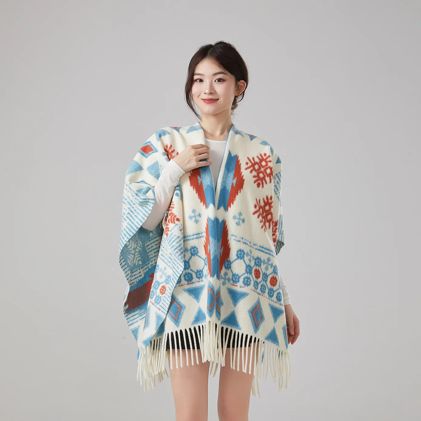 New Retro Leopard Print Tassel Wrap Coat Women's Outerwear High-End Thickened Warm Merino Wool-Style Robe Cape P1