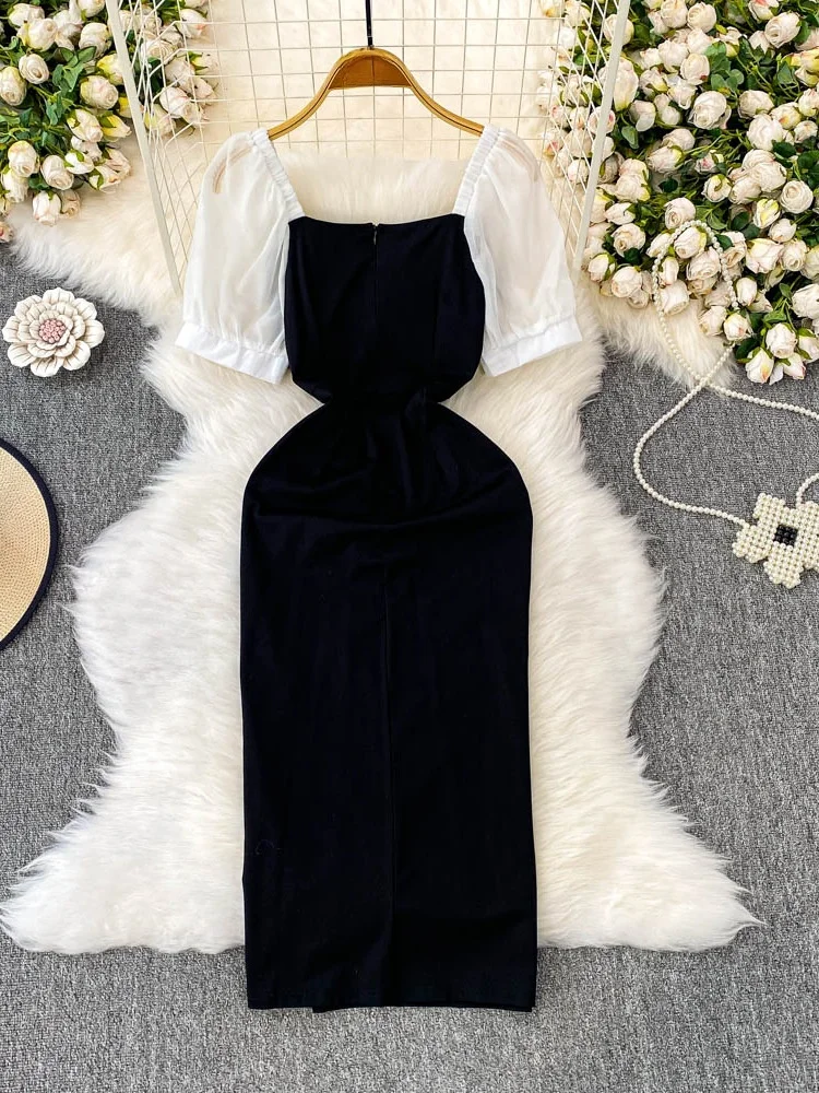 Frühling Sommer 2025, hohe Taille, Knoten, quadratischer Kragen, Spleiß, schlankmachend, figurbetont, Dr. Damen Faion, vielseitig, Pendeln